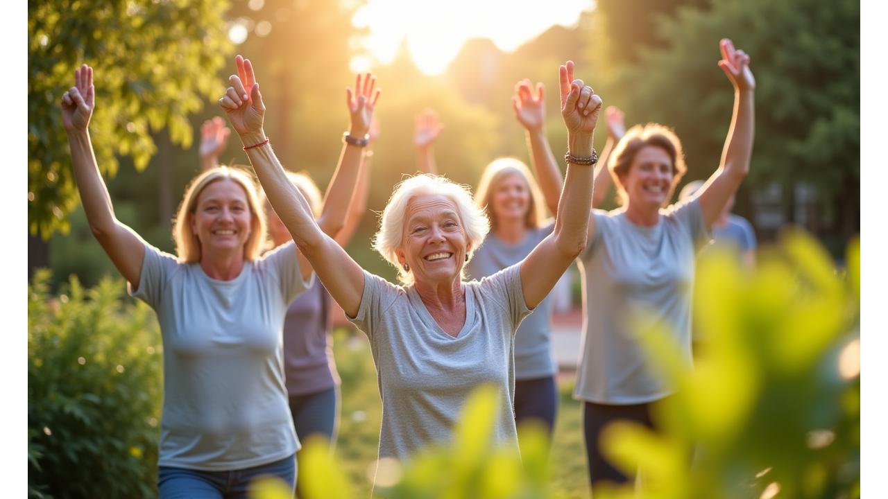 Mature adults engaged in a vibrant, supportive wellness activity, embodying health and community. Foreground is a diverse group smiling and interacting in a bright, modern setting.