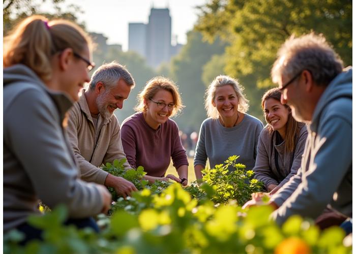 A diverse group of adults participating in an outdoor wellness activity in a recognizable Philadelphia park setting, like Fairmount Park, with historical architecture in the background.