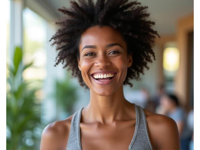 Portrait of Sarah Jordan, a vibrant fitness and community specialist in her late 30s, exuding positive energy.