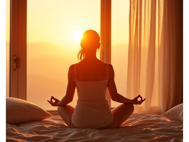 A person practicing gentle yoga at sunrise, illustrating mental clarity and physical well-being.