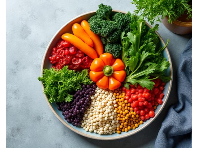 A vibrant plate of nutritious, colorful food, emphasizing healthy eating.