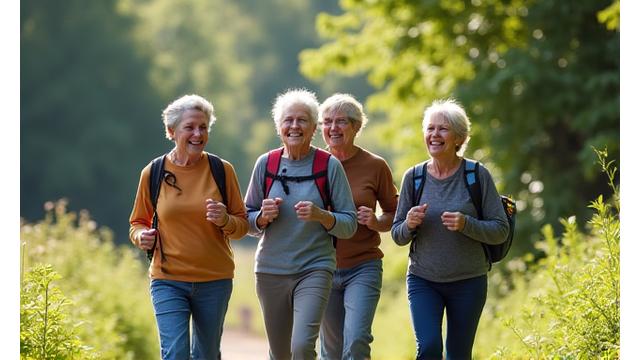 A group enjoying a brisk walk or hike in a beautiful natural park.