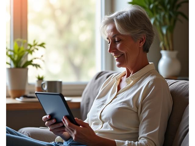 A serene image of an older adult reading a digital health blog on a tablet with a cup of herbal tea, surrounded by natural light