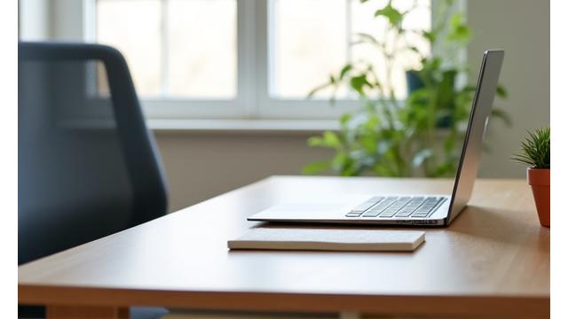 A balanced desk setup with green plants and ergonomic equipment.