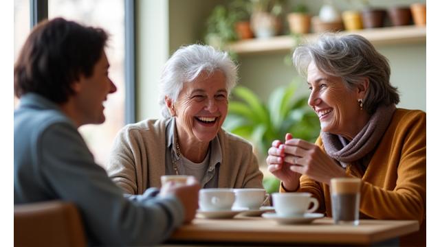 A group of diverse adults engaging in spirited conversation, symbolizing social connection.
