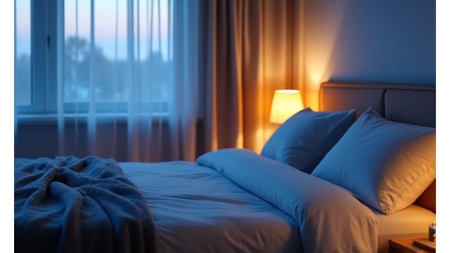 A peaceful bedroom scene depicting restful sleep conditions.