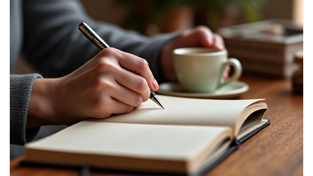 A person journalling with pen and paper, reflecting on thoughts.