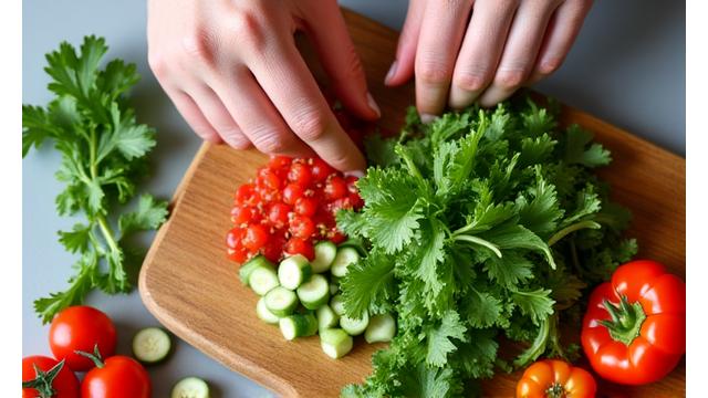 Fresh, colorful salad ingredients being prepared in a kitchen.