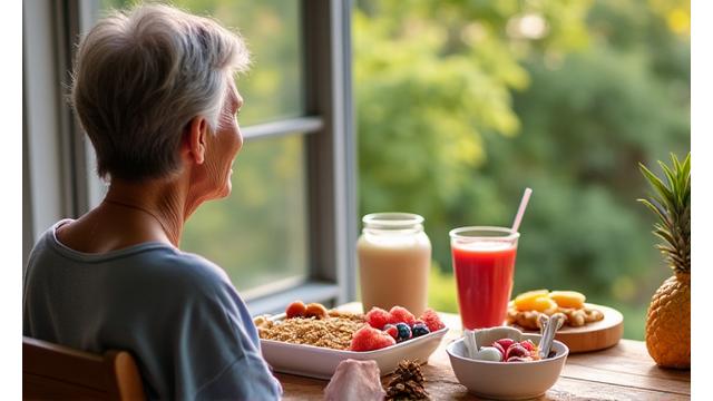 A person enjoying a healthy, balanced breakfast outdoors.
