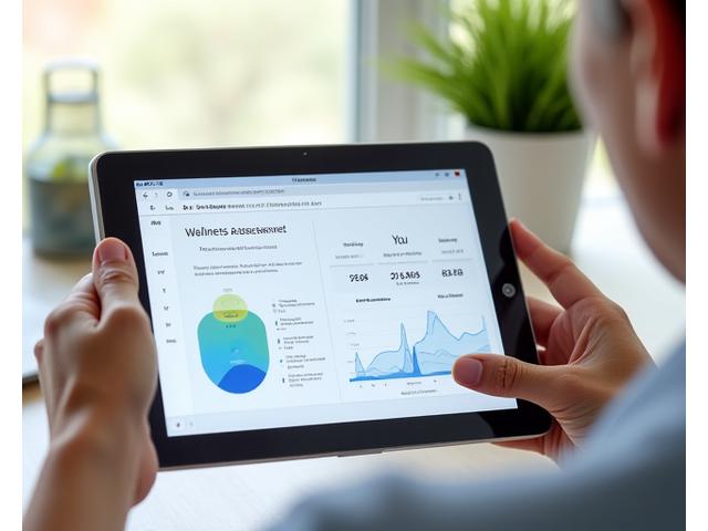 Person using an interactive assessment on a tablet, showing a graph and personalized insights about digital well-being.