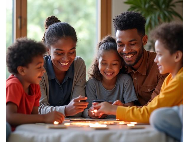 A diverse family enjoying a board game or outdoor activity together, with no visible screens, symbolizing healthy device-free family time.