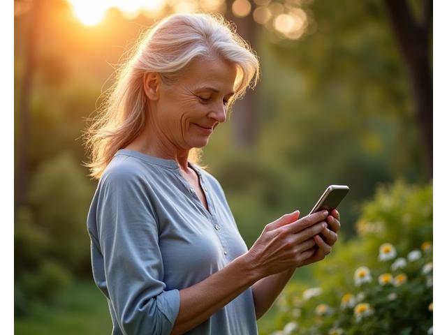 Person observing a smartphone mindfully in a serene garden setting, perhaps meditating with it or using it for a beneficial purpose rather than distraction, symbolizing conscious technology use.
