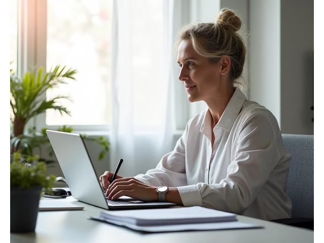 A professional working calmly at a clean, organized desk with a laptop, natural light, and minimal distractions, symbolizing focused productivity without digital burnout.