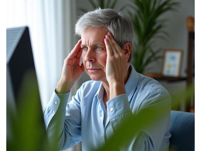Person taking a screen break, looking away from a computer and performing eye exercises, with gentle light filtering in.