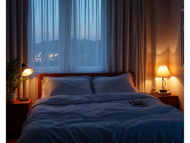 A tranquil bedroom at dusk, with soft, warm lighting, a book on a nightstand, and no visible electronic devices, emphasizing a device-free sleep sanctuary.
