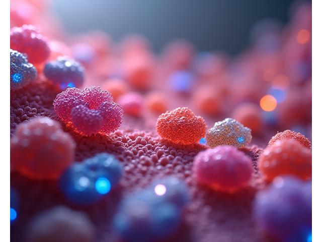 A vibrant, detailed illustration of the human gut lining with diverse, beneficial bacteria strains, representing a healthy microbiome