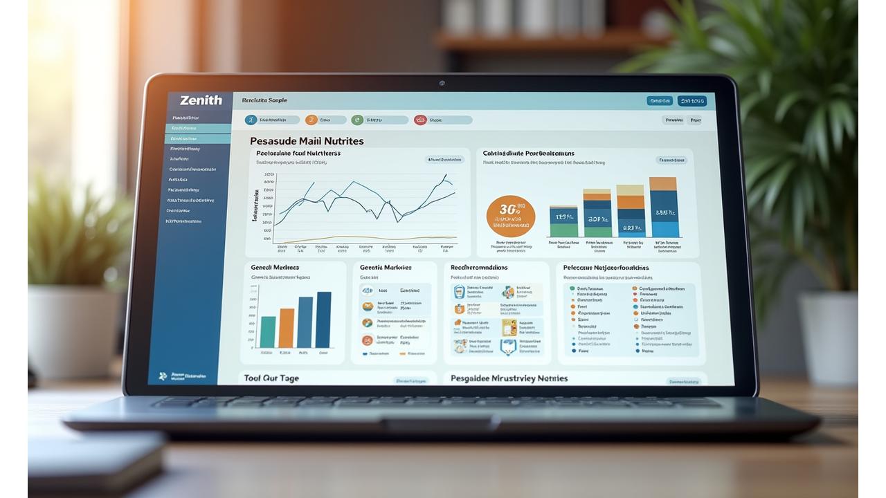 A sleek, digital interface displaying a sample personalized nutrition report, featuring graphs, food recommendations, and genetic insights