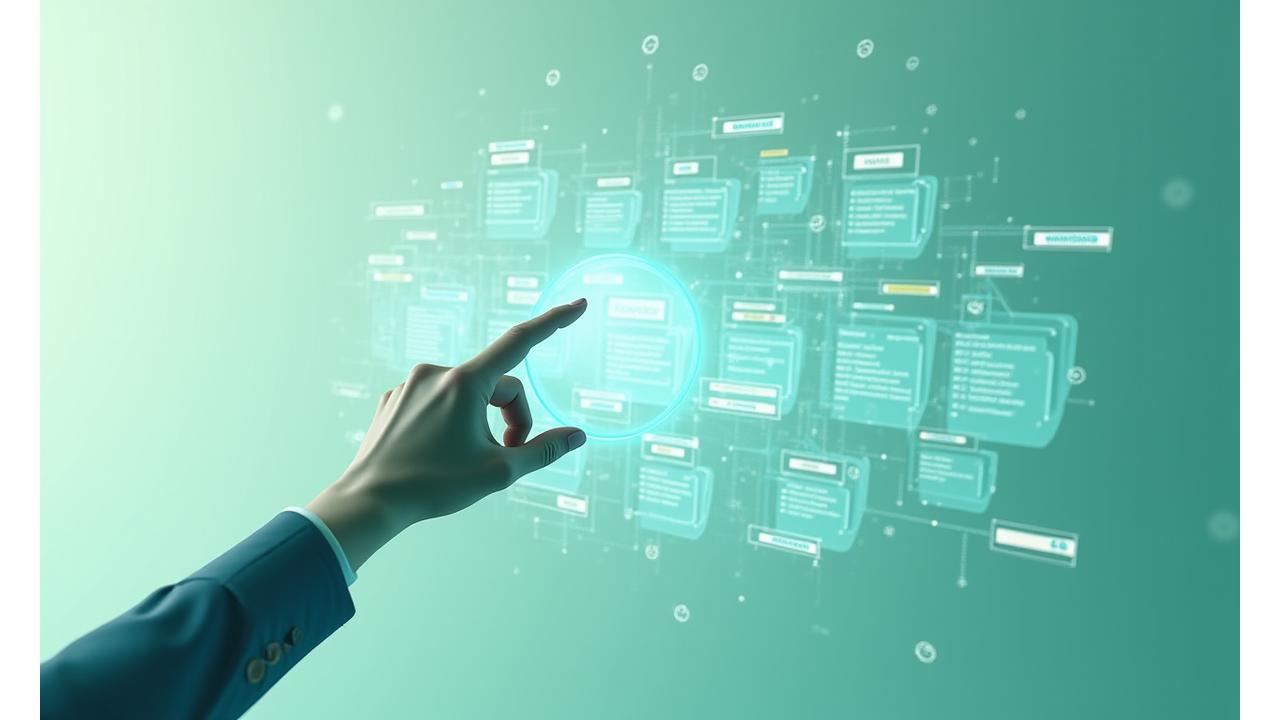 Illustration of a person sifting through well-organized digital documents or records, representing a searchable knowledge base.
