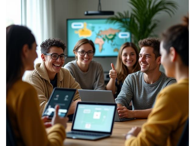 Diverse group of adults (35+) actively engaged in an online forum, showing smiling faces, thumbs-up reaction icons, and thoughtful discussion bubbles.