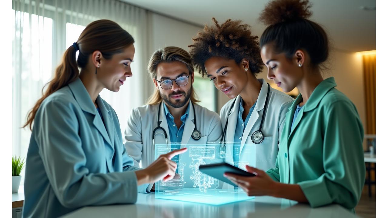 Diverse group of wellness experts collaborating and looking thoughtfully at a question on a digital screen, conveying professionalism and approachability.