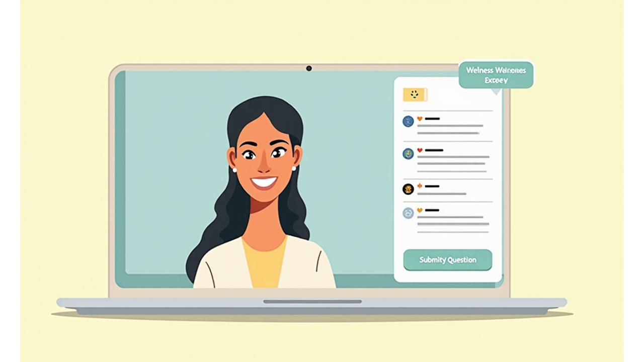 Screenshot of a clean, user-friendly live video conferencing interface with an expert speaking and chat dialogue on the side.
