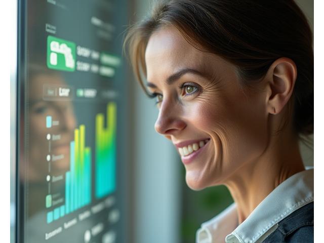 Woman analyzing personalized wellness data on a sleek tablet with vibrant graphics and charts, showcasing holistic health. The background is softly blurred with nature elements.