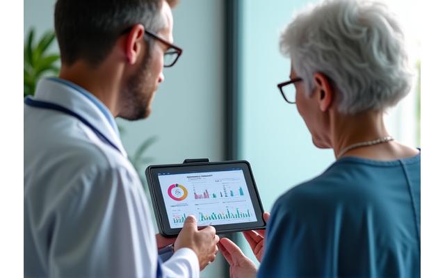 A healthcare professional discussing preventive strategies with a mature patient, featuring a digital health dashboard on screen.