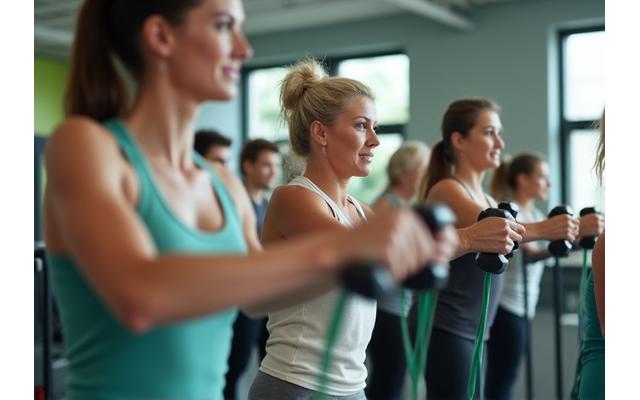 Adults engaging in moderate strength training with light weights in a clean gym environment.
