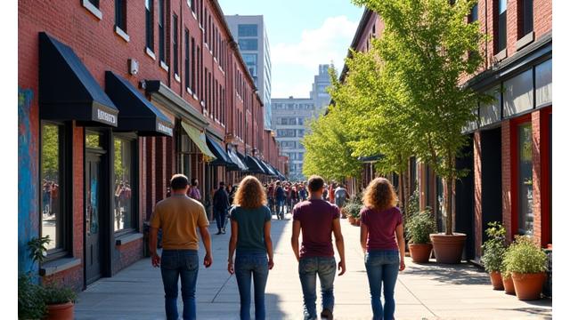 A vibrant street scene in Fishtown with local businesses and people enjoying the area, representing a trendy wellness hub.
