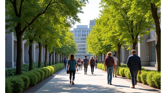 A college campus scene in University City with diverse students and greenery, suggesting academic wellness resources.