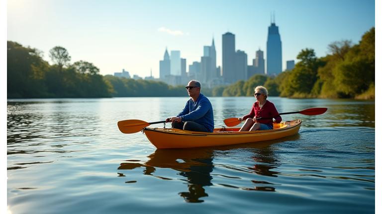 People kayaking on the Schuylkill River with the Philadelphia skyline in the background on a sunny day.