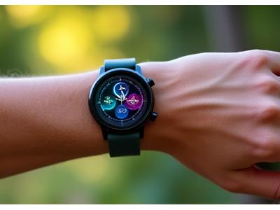 A sleek, modern fitness tracker on a wrist, displaying heart rate data on a vibrant screen, against a blurred active background.
