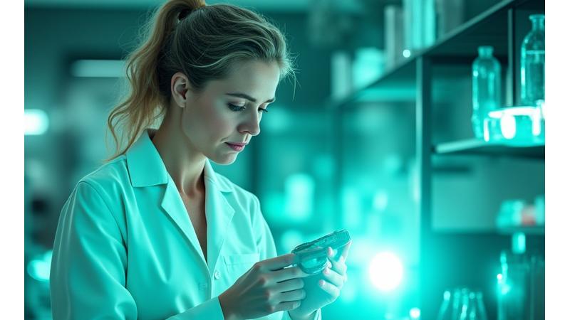 An expert in a lab coat examining a supplement bottle, with scientific charts and beakers in the background, representing rigorous product testing and scientific verification.