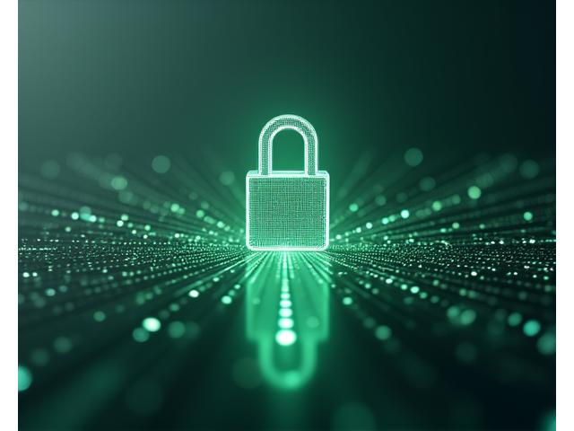 Secure digital lock with data streams flowing around it, representing protected information and privacy.