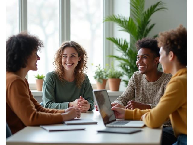 Diverse group of adults engaging in supportive conversation in a modern, bright setting.