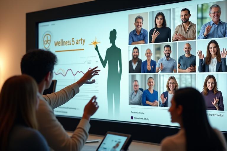 Split screen showing a virtual workshop in progress, with an expert presenting and participants engaging in a group activity or Q&A.